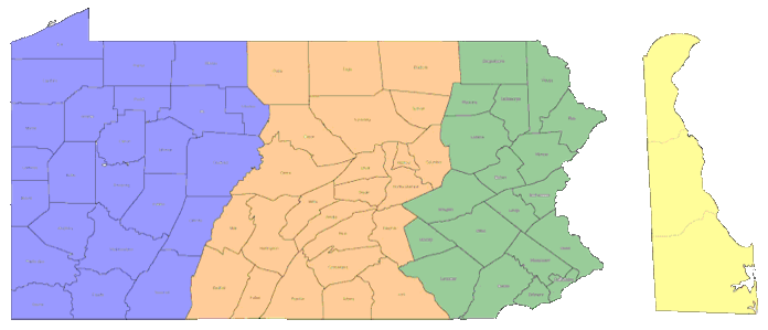 State map of Pennsylvania and Delaware